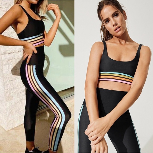 BEACH RIOT SPORT Leah Rainbow Stripe Sports Bra Crop Top in Black - Picture 11 of 11